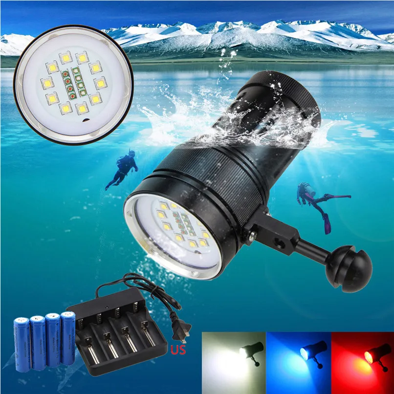

10x XM-L2+4x R+4x B 12000LM LED Diving Flashlight Torch Rechargeable Photography Video Light LED Bike Light Bycicle Light 40OT16