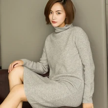 Чистый кашемировый женский свитер, мягкий удобный свитер с высоким воротником и отворотом, платье, женский модный длинный пуловер