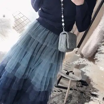 SETWIGG Super Fashion Gradient Blue Tiered Mesh A-line Long Spring Skirts Waist Band Sweet Puff Layered Tulle Calf Summer Skirt