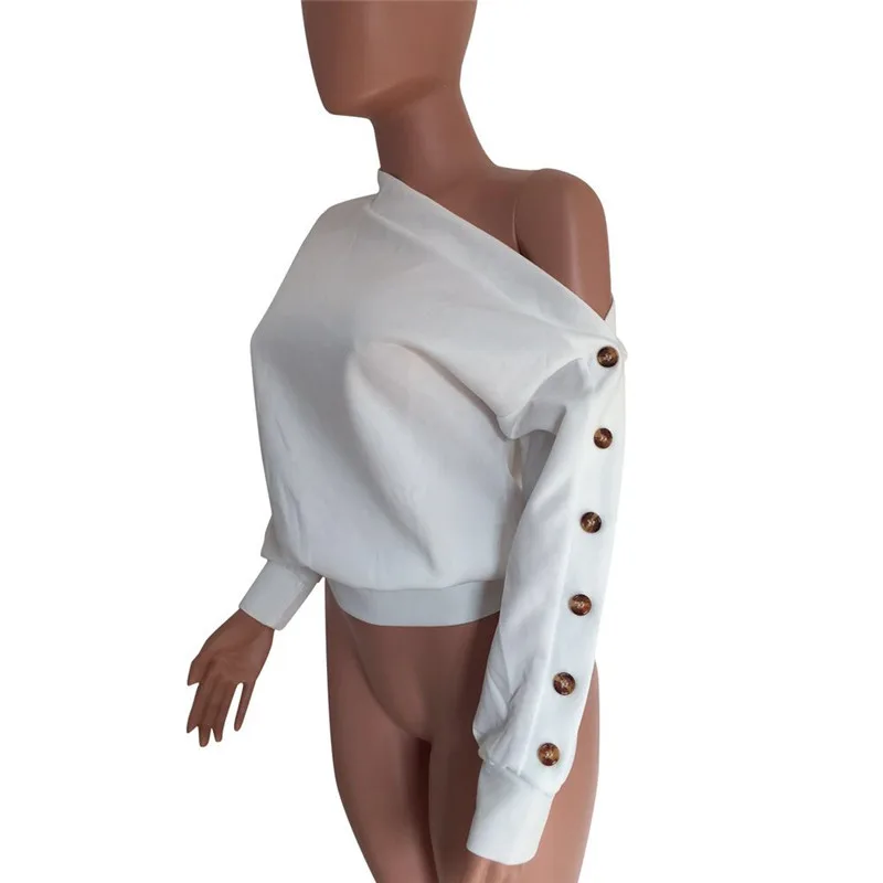 Женская футболка с длинным рукавом на пуговицах и открытыми плечами, Асимметричный вырез, одноцветные базовые Топы, весенне-Летняя Сексуальная футболка с рукавом