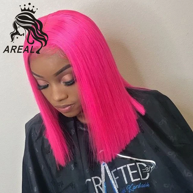 Pink Colored Full Lace Human Hair Wigs For Black Women Short Straight