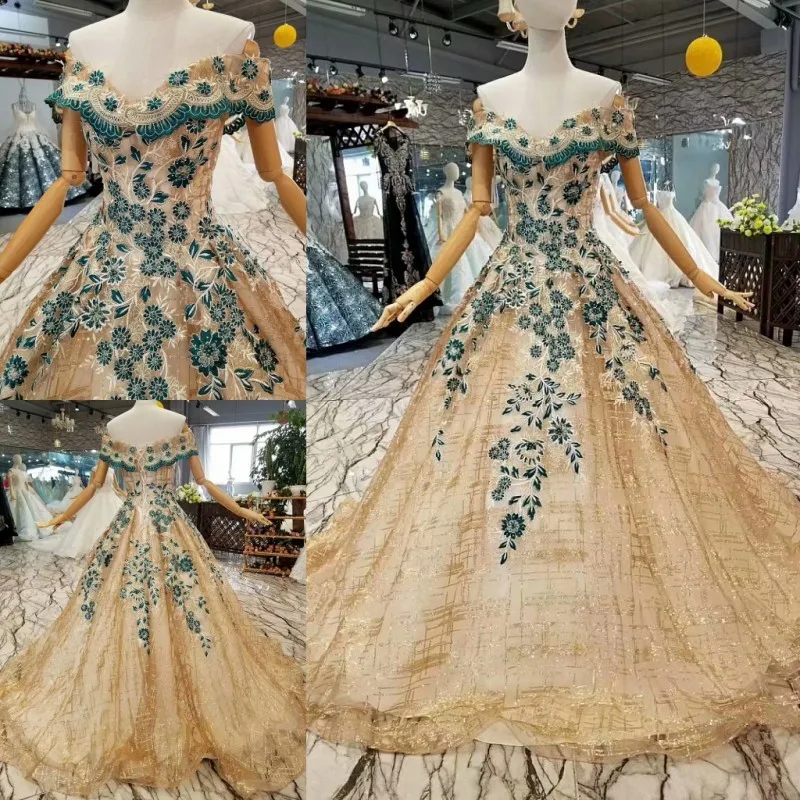 Beige Lace Off The Shoulder Ball Gown Wedding Dress Green