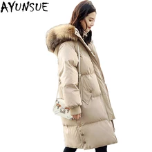 AYUNSUE, пуховик на утином пуху, женский, длинный, с капюшоном, большой, Лисий мех, пальто,, зимняя, теплая, толстая, черная, парка, chaquetas, mujer LX2254