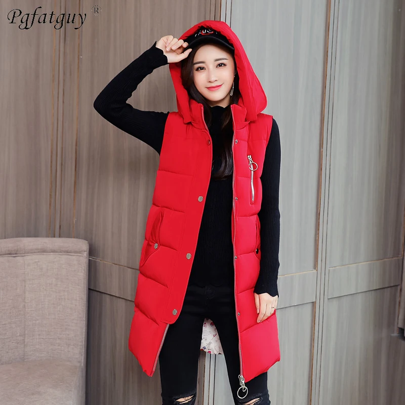 2018 New Women Red Chains Spliced Long Vests Women's Down Cotton Padded