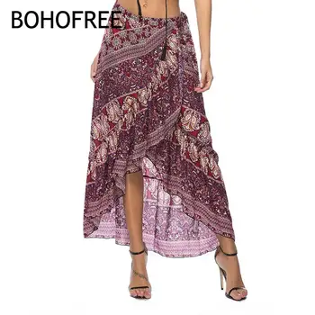 

BOHOFREE Summer Beach maxi Skirts Asymmetrical Floral Skirt Women Boho Chic Bohemian Faldas Mujer Chiffon Hippie Skirt With Belt