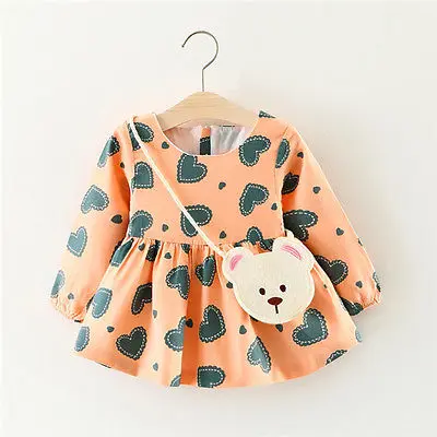 

Baby Dresses 2017 Autumn New Baby Girls Clothes Baby Fall Princess Dress+bag Cute Heart Print Cotton Kids Clothing