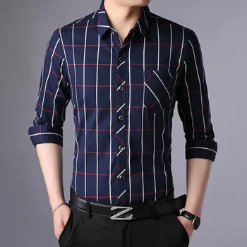 

2019 Fashion high-end brand long-sleeved casual business fit men's shirt pocket decorated long-sleeved plaid lapel shirt men