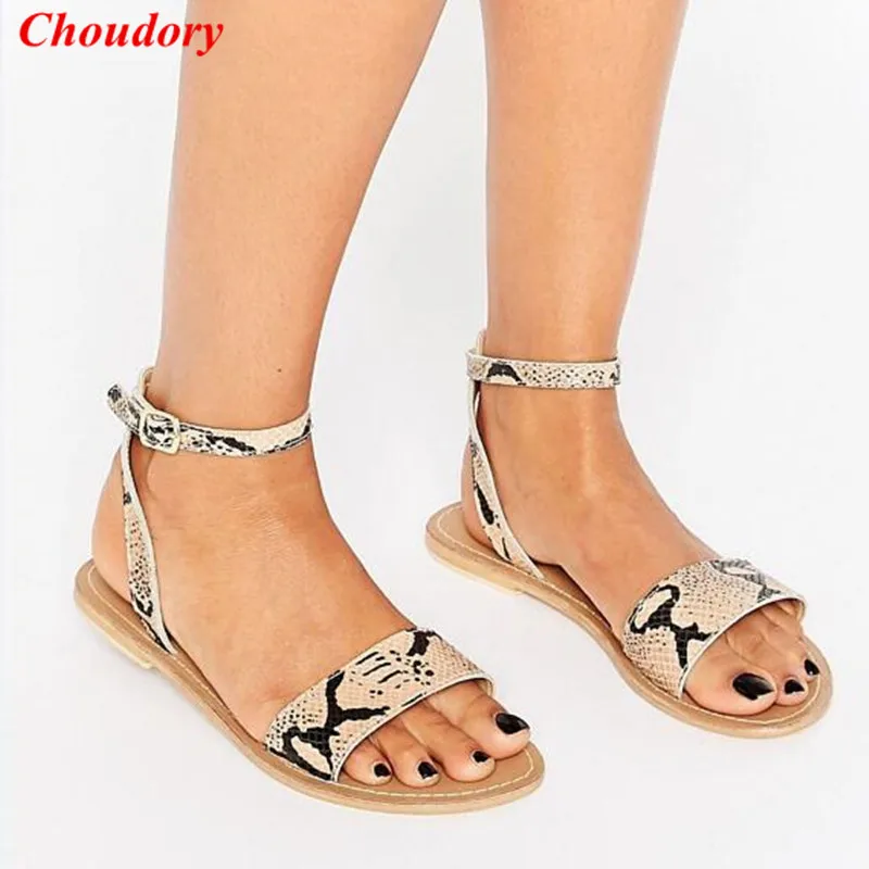 Choudory Fashion Python Print Ankle Strap Women Flat Sandals Shoes Rome ...