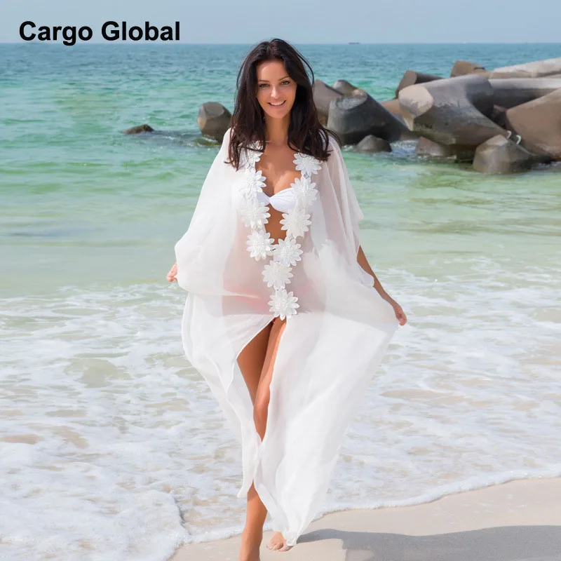 

Summer See-Through Lace Chiffon Blouse Bathing Slim Loose Cardigan Tunic Pareo Saida De Praia Sexy White Beach Dress