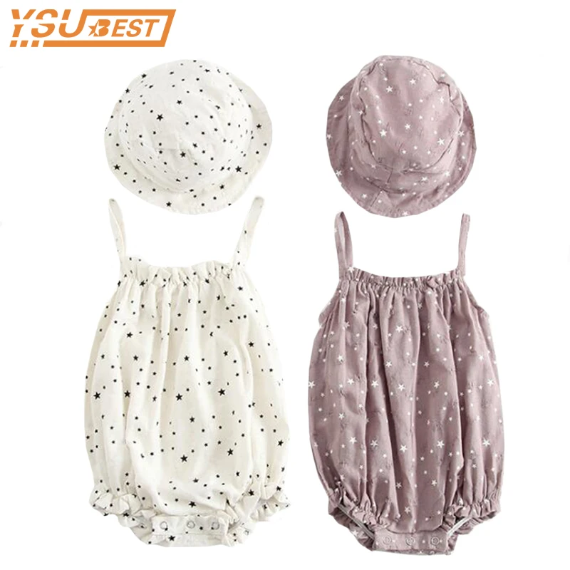 

Baby Girl's Body Korean Baby Summer Cotton Korean Female Baby Sling Dress Bodysuit +Hat 2-Piece Princess Twins Triangle Pants