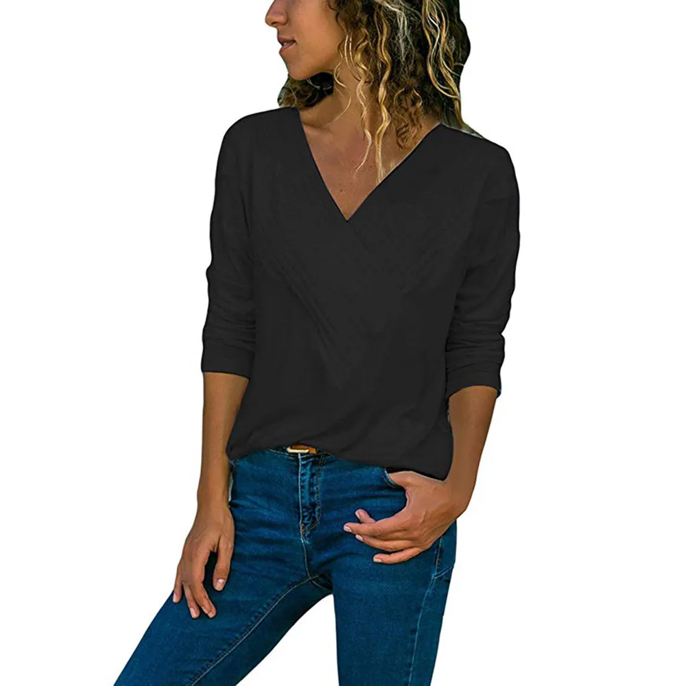 Женская Осенняя Повседневная рубашка с v-образным вырезом и длинным рукавом, свободная Базовая Блузка, топы 1,26