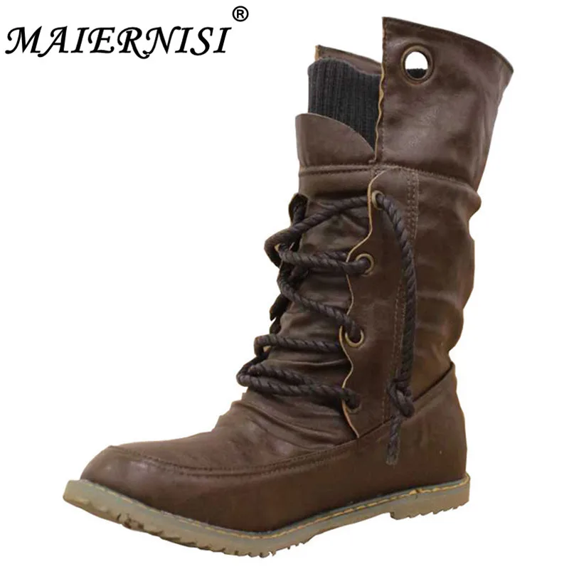 

Fashion Spring Autumn Boots Vintage Lace Up Flat Heels Med-calf Cowboy Boots Winter Add Fur Shoes Woman Big Size 34-43 black