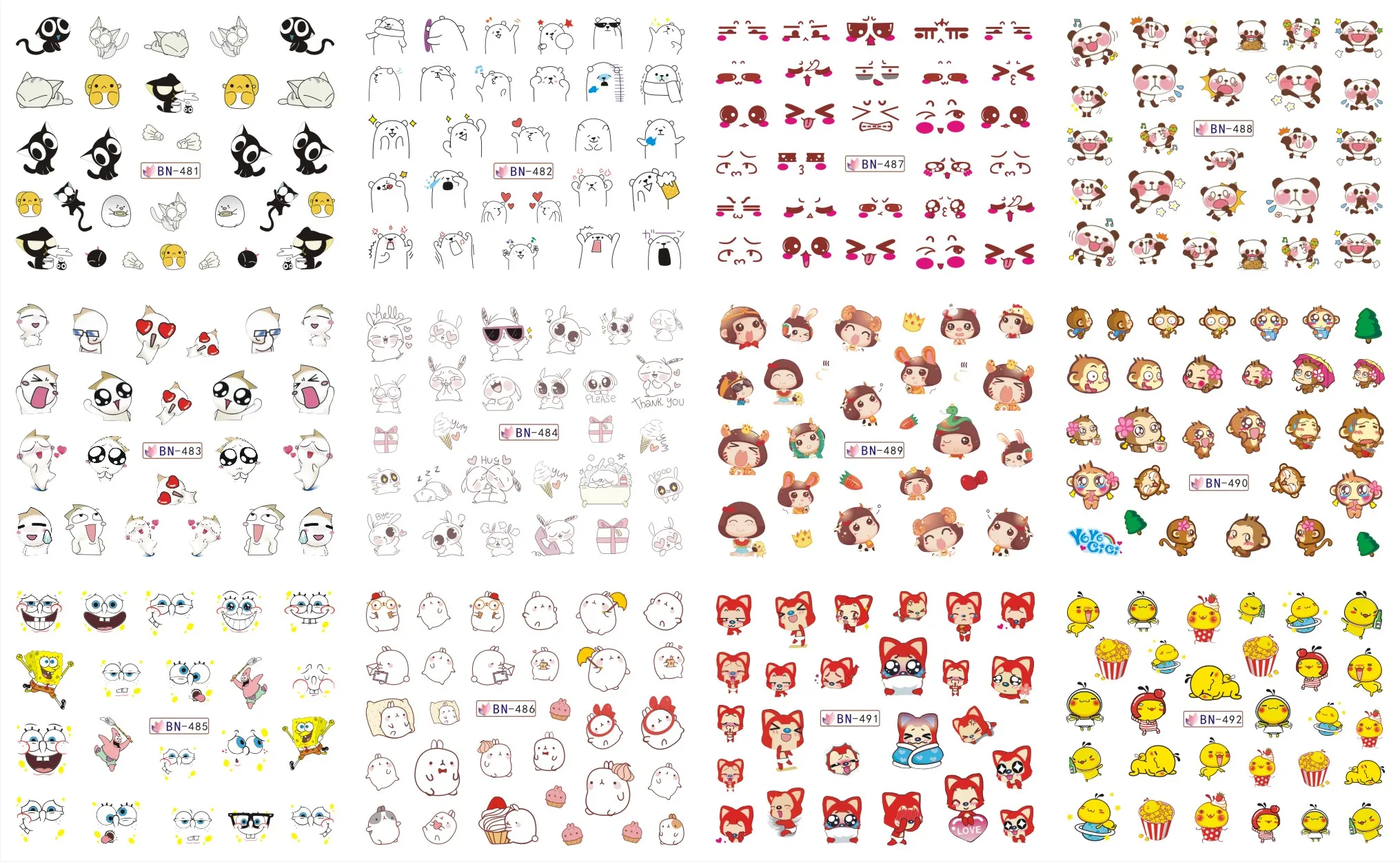 12 Sheets/Lot Nail BN481 492 Cartoon Face Children Caricature Nail Art