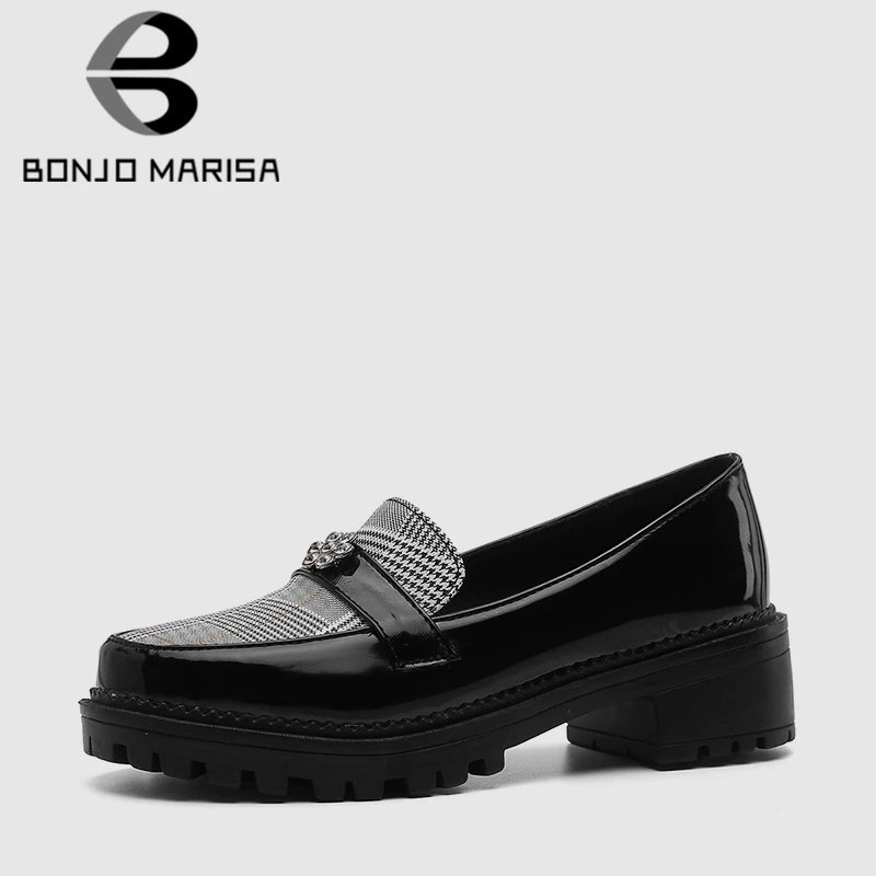 

BONJOMARISA 2019 New Spring Summer Office Lady Shallow Loafers Large Size 34-43 Black Platform Women Shoes Woman Med Heels Pumps