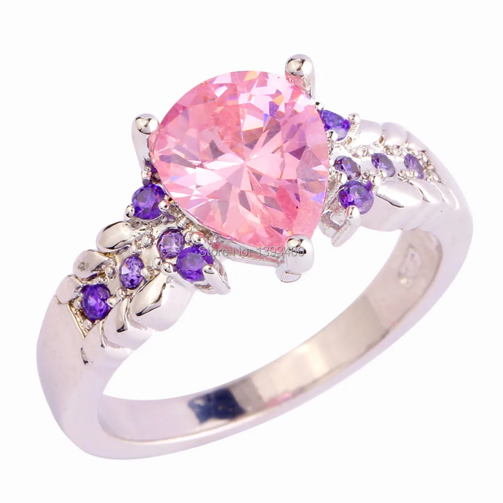 New Fashion Pink CZ Silver Color Ring Size 8 Pretty Inexpensive Pear