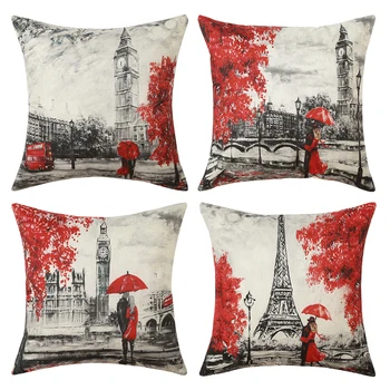 

Pack of 4 Trees Series Pillow Covers Decorative Linen Square Throw Pillow Covers Soild Cushion Cases Flower Pattern Pillowcases