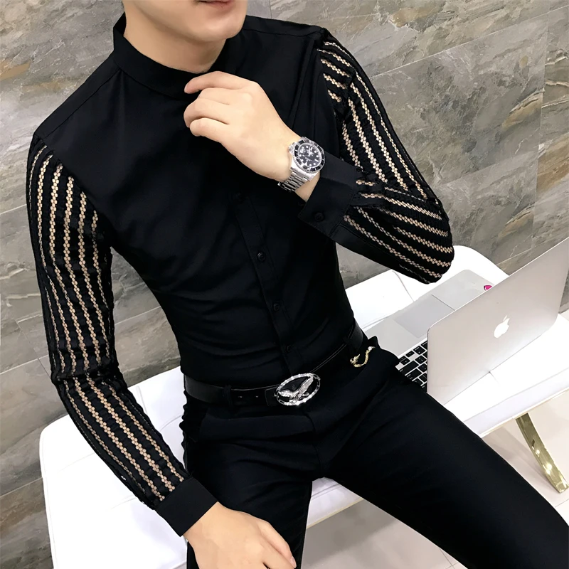 

2019 new black and white men's lace openwork shirt fashion boutique Slim long-sleeved petticoat party ball evening dress shirt