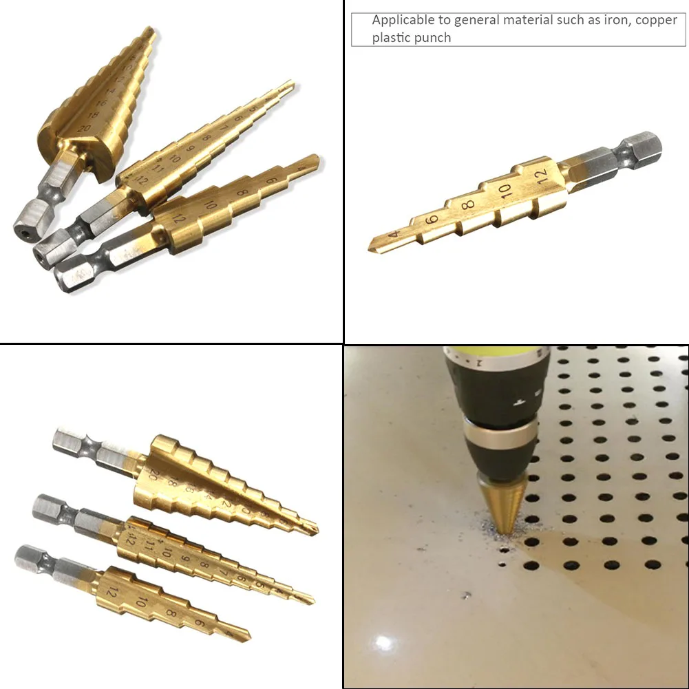 3 шт. набор конических ступенчатых сверл HSS с титановым покрытием, Дырокол 3-12, 4-12, 4-20 мм, пагода, сверла, сверла по дереву