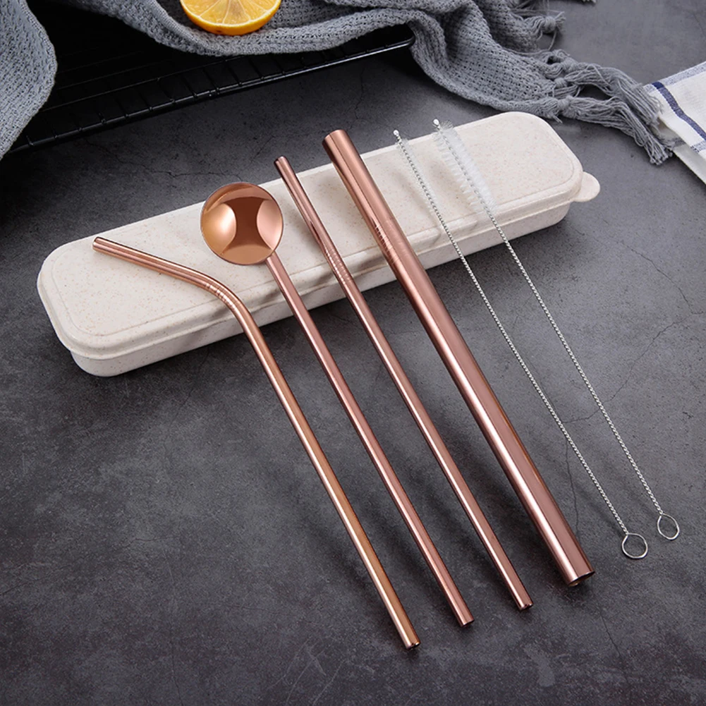 

7Pcs Restaurant Hotel Drinking Reusable Stainless Steel Travel Straw Set With Storage Box Easy Clean Spoon Camping Brush Home
