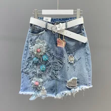 Джинсовая юбка размера плюс, женские юбки, летняя вышитая бисером мини джинсовая юбка с высокой талией 1974