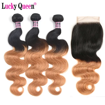 

Lucky Queen Remy Hair Ombre Honey Blonde Color Brazilian Body Wave 3 Bundles With Closure 100% Human Hair Extensions