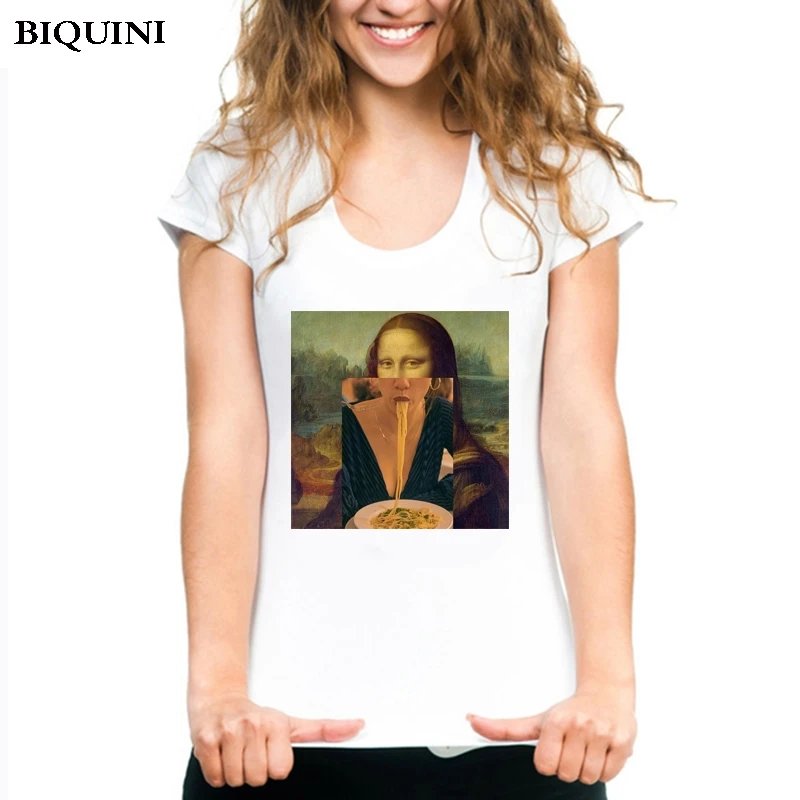 

Mona Lisa with pasta Harajuku Casual T-shirts Women Clothes 2019 Short Sleeve TShirt Summer Streetwear Tops Tees Female T-shirt
