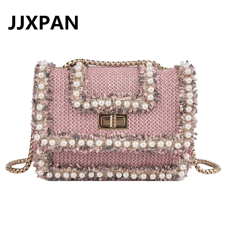 

Fashion Pearl Chain Shoulder Messenger bag Hign Quality Women's Brand Designer Handbag Summer Straw Clutch Bag Lady Bolsa Purse
