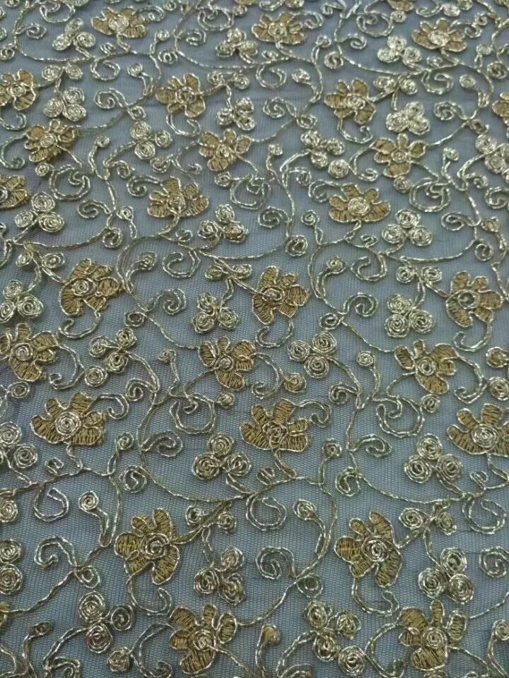 

High Quality African Lace Fabric Gold , Golden French Net Embroidery Gold Line Tulle Lace Fabric For Nigerian party Dress KD1736