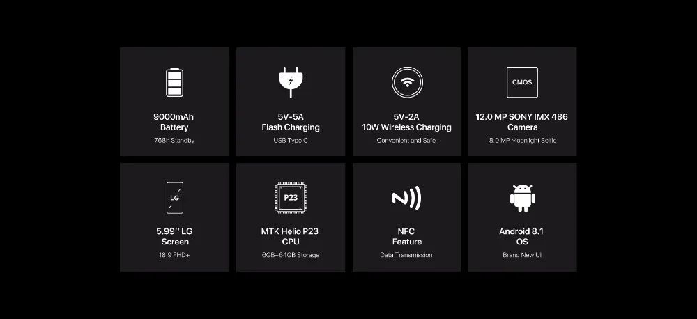 DOOGEE BL9000, 4G, 6 ГБ, 64 ГБ, Helio P23, Восьмиядерный, 5V5A, флэш-зарядка, 9000 мА/ч, Беспроводная зарядка, 5,99 дюйма, FHD+ Android 8,1