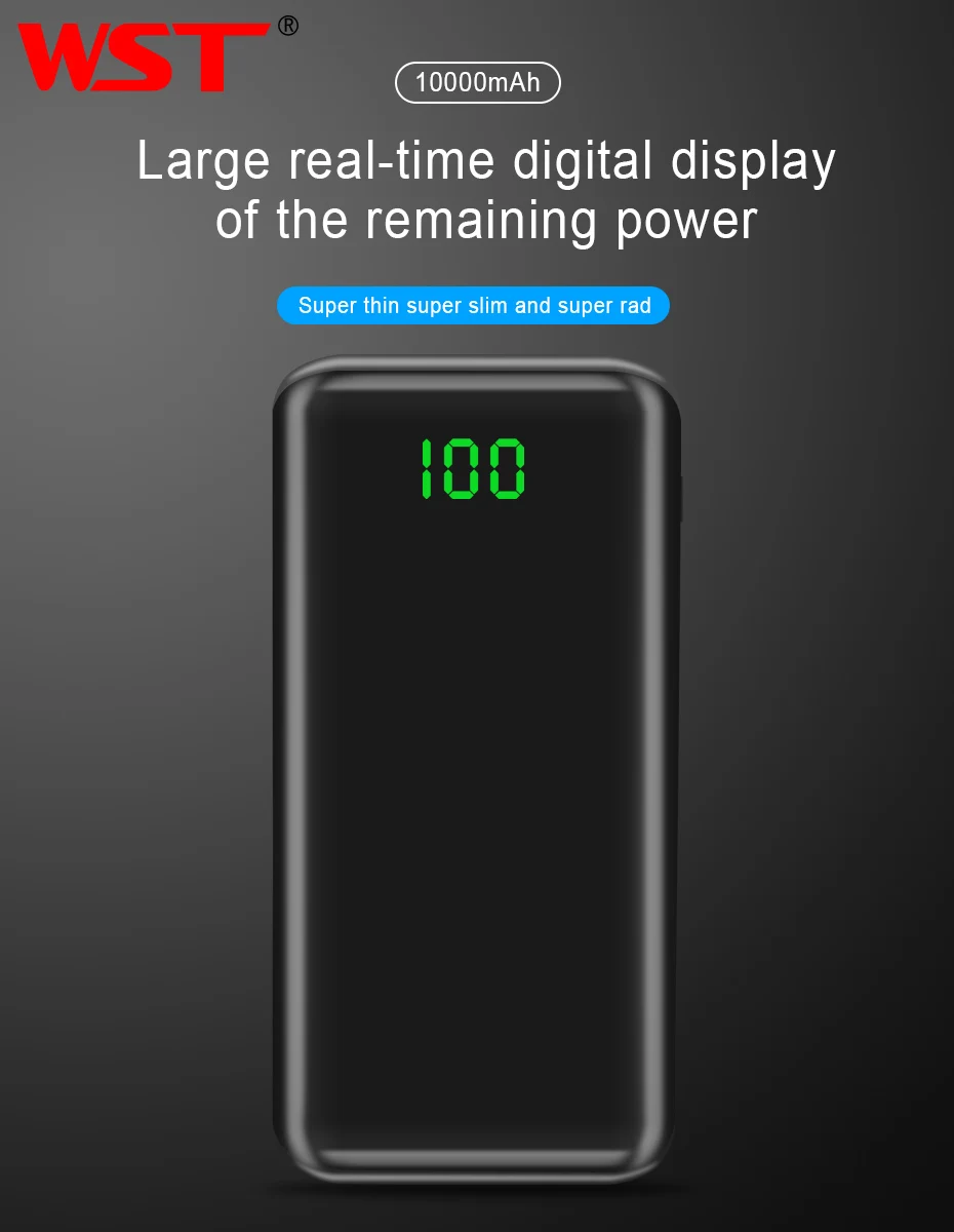 Тонкий светодиодный внешний аккумулятор WST 10000 мА/ч, 10000 мА/ч, внешний аккумулятор для мобильного телефона Xiaomi, samsung, внешний аккумулятор