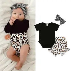 Одежда для новорожденных девочек с леопардовым принтом топы, боди, Короткие штаны летняя одежда милое боди с принтом для маленьких девочек