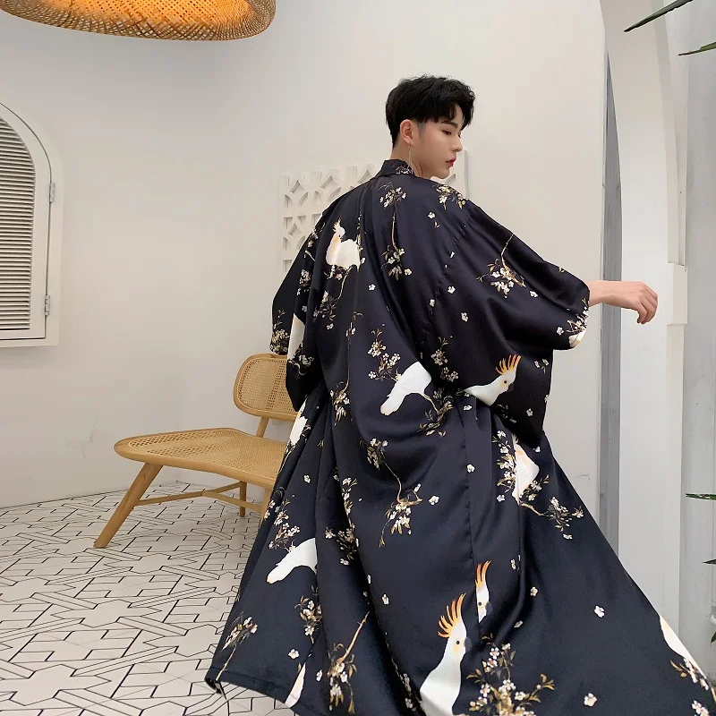 

Men spring fashion 3D print satin long trench coat Japanese vintage kimono cardigan women harajuku punk long overcoat cloak