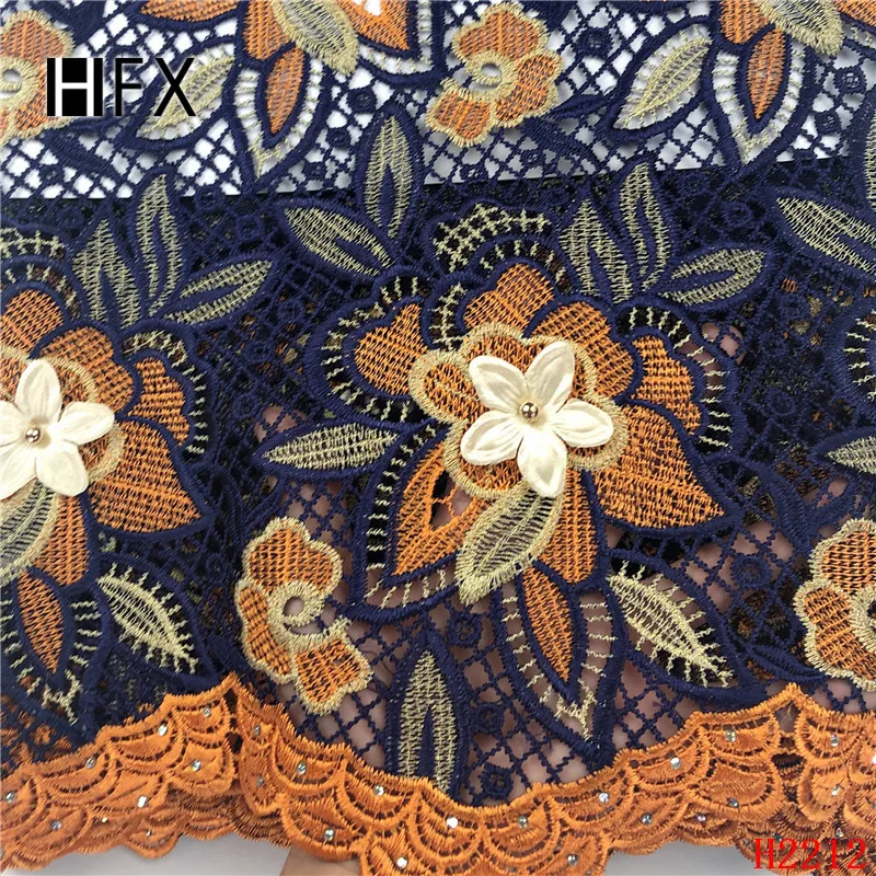 HFX африканская кружевная ткань 3d новейшее в нигерийском стиле цветы гипюр свадебное платье с вышивкой ткань водорастворимое Королевское голубое кружево X2212