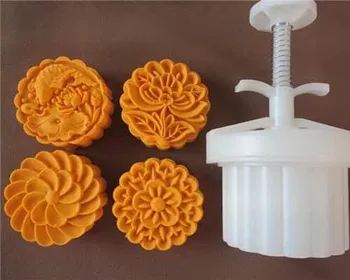 

83g Chinese round shape flower design Mooncake mung bean cake Molds mould with 4 Stamps plastic hand pressure , 50sets/lot
