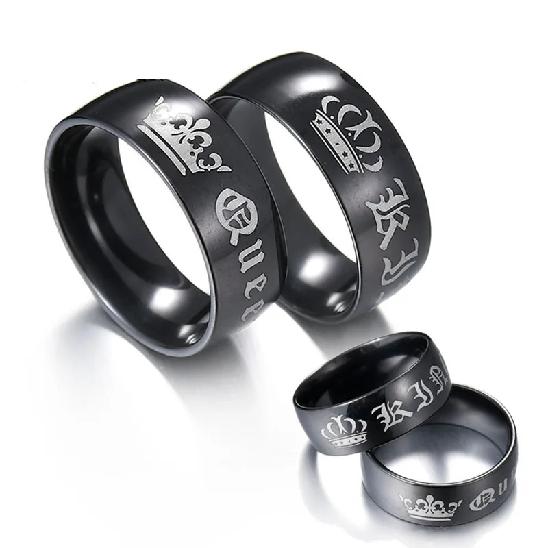 cheap Black Fashion Her King His Queen Ring For Women Men Stainless Steel CZ Crystal Crown Couple Ring For Lovers Jewelry Wedding