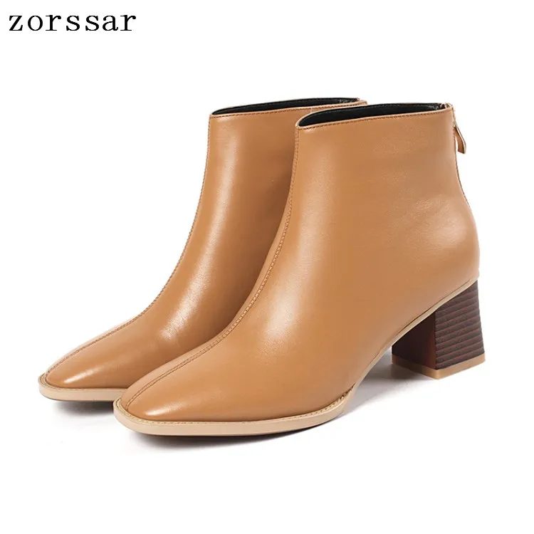 

{Zorssar} 2019 New Big Size 33-43 Women Boots Genuine Leather High heel Ankle Boots Womens Martin boots Winter Female booties