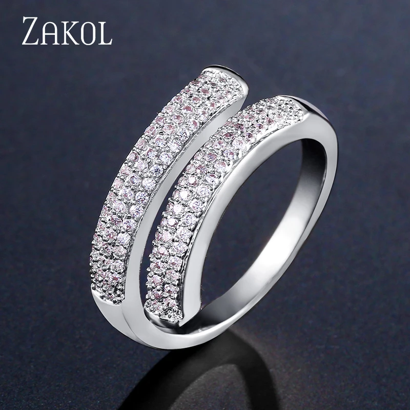 

ZAKOL Brand Design New White Color AAA Cubic Zirconia Open Ring Fashion for Women Round Crystal Wedding Jewelry FSRP228