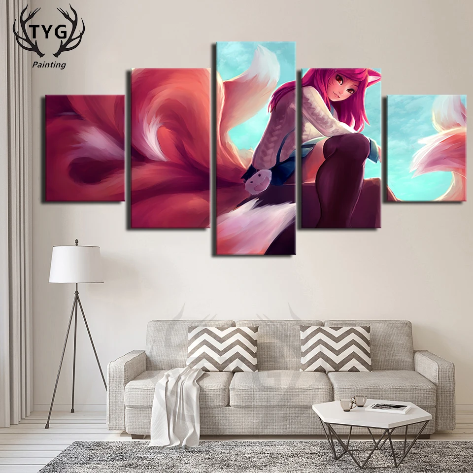 Internet cafes wall Home Decor Canvas 5 Pieces Ahri League of Legends LOL Games Painting Posters Wall For Home Canvas Wholesale