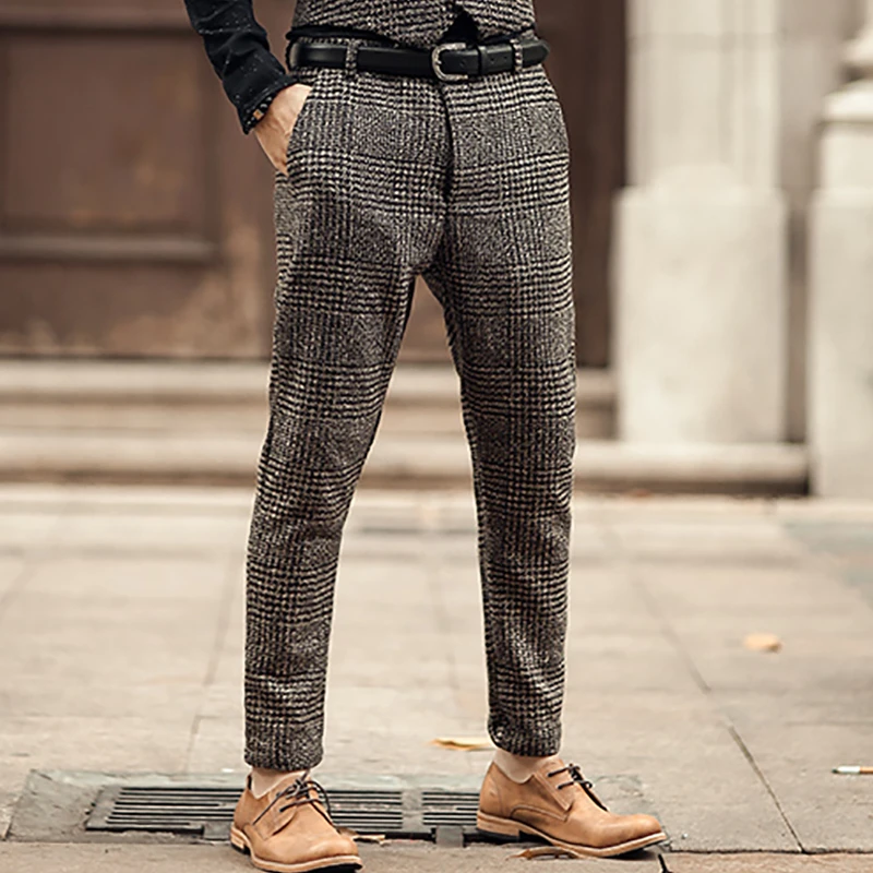 2018 nuevos pantalones largos de moda de invierno hombres de estilo a cuadros delgados elásticos de lana casual pantalones negocios para hombres|Pantalones vaqueros| - AliExpress