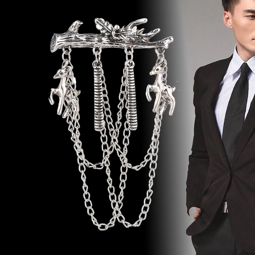 Elegant Deer and Tree Branches Brooch with Hanging Tassel Chain Elegant Lapel Pin for Suit Tuxedo, Christmas Gifts