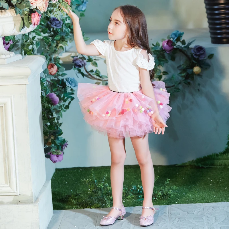 Buenos Ninos Baby Girls Fluffy 8-Layers Ballet Dance Pettiskirt Girl Princess Tulle Skirt With Pompom Puff Balls For 1-6T5