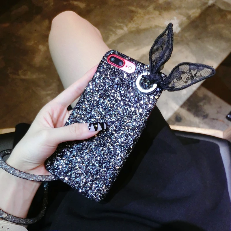 Aoweziic Hot Japan mobile phone shell female For iphone X XS XS MAX protective sleeve glitter lace 6s 7 8Plus strap rabbit ears