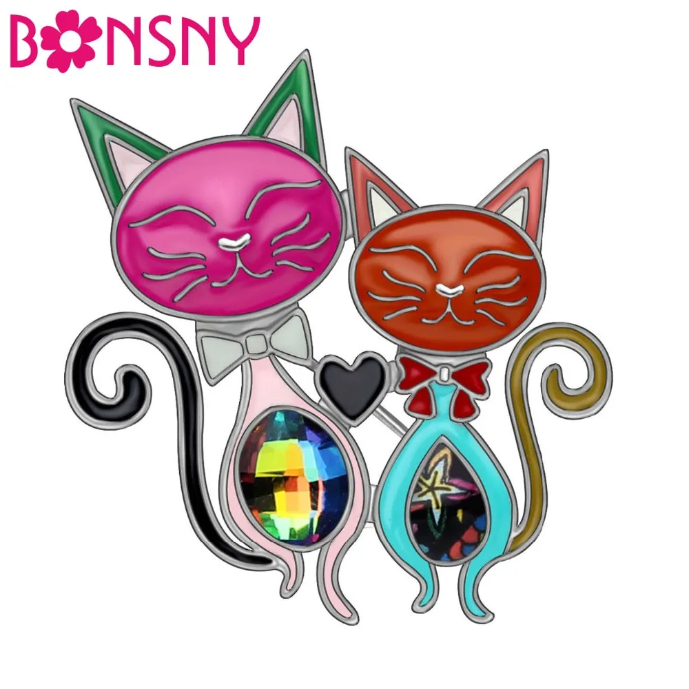 Женские эмалированные Броши Bonsny элегантные двойные броши в форме кошки из сплава