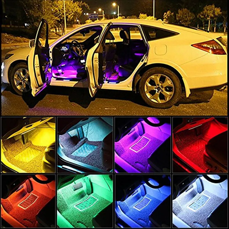 7 цветов светодиодный автомобильный интерьерный осветительный комплект RGB автомобильный Стайлинг интерьерный декоративный атмосферный светильник для ног беспроводной пульт дистанционного управления