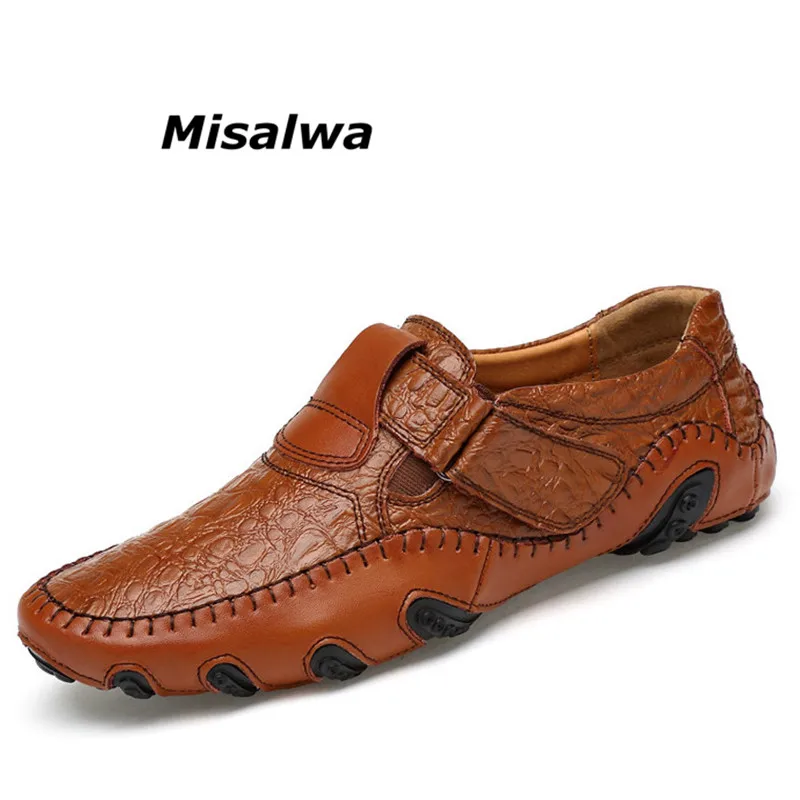 

Misalwa 2019 New Man Casual Shoes Black Split Leather Slip On Loafers Crocodile Pattern Brown Male Breathable Flat Driving Shoes