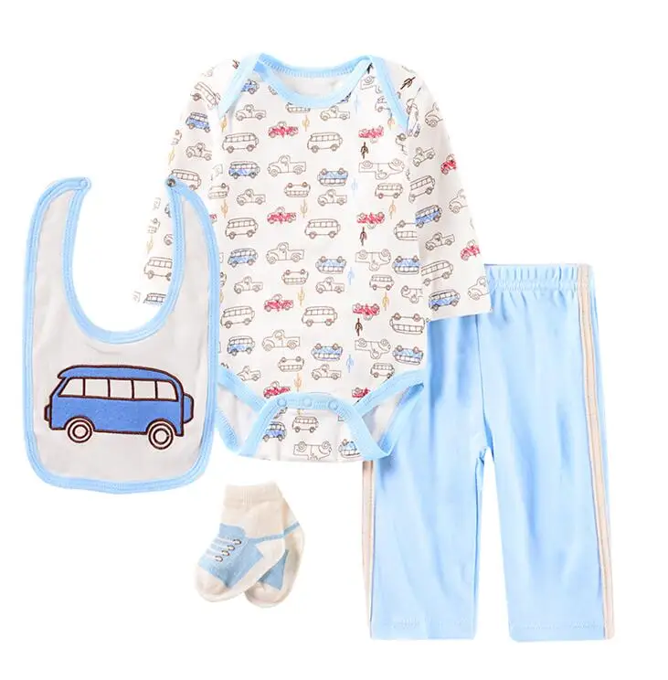 Комплекты одежды для малышей хлопковые костюмы для мальчиков комплекты одежды из 4 предметов для новорожденных девочек боди с длинными рукавами+ штаны+ носки+ шапка/нагрудник - Цвет: color as photo