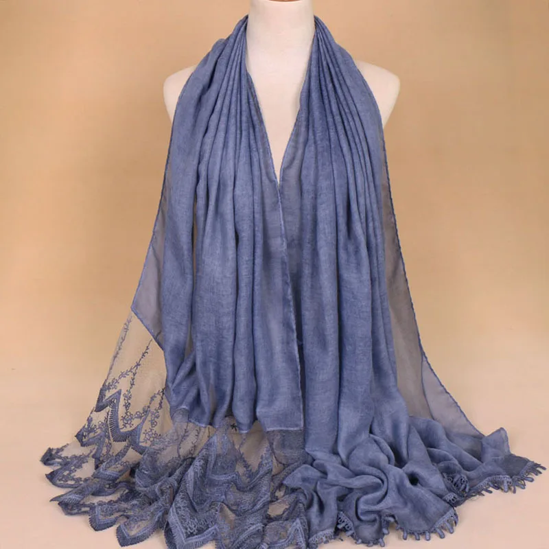 

Autumn Winter Designer Scarf High Quality Lace Floral Patchwork Cotton Shawl Plain Solid Wave Wrap Scarves Muslim Hijab Sjaal