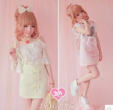 

Princess sweet lolita skirt BOBON21 exclusive original design bow lace candy pink cream B1036 washed denim bag hip skirt straps