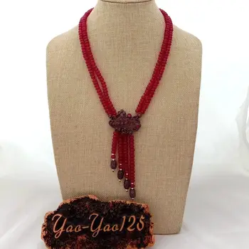 

20'' 2 Strands Red Jade Necklace CZ Pendant