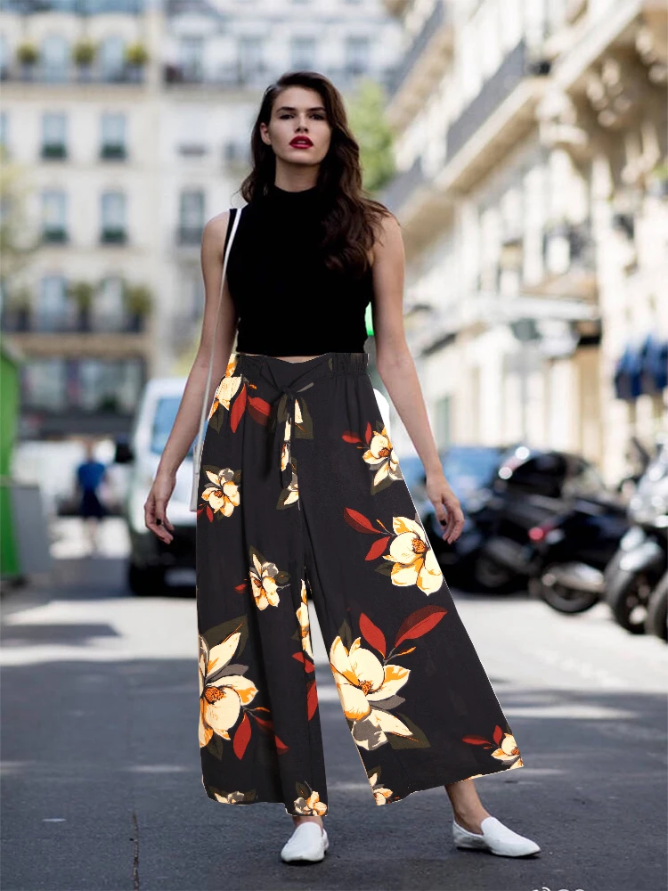 

New Fashion Women's Print Panelled pants Spring Summer Wide Leg Pants Bottoms Elastic Waist Loose Female Plus Trouser